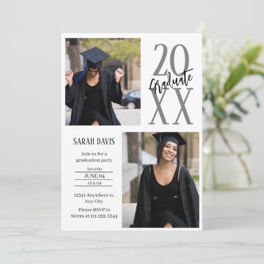 白黒のスクリプト写真の卒業招待状 シーズンカード (スタンド正面)