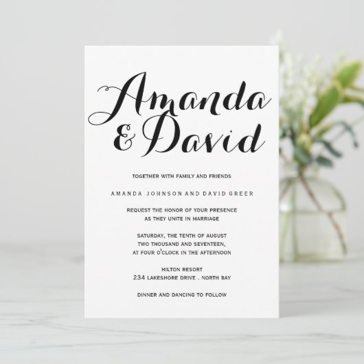 白黒のスクリプト結婚式招待状 招待状 (スタンド正面)