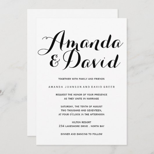 白黒のスクリプト結婚式招待状 招待状 (正面/裏面)
