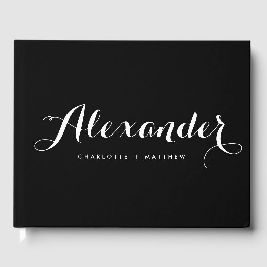 白黒のスクリプモダントの結婚ゲストブック ゲストブック (正面)