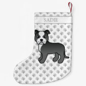 白黒のステフィーかわいい漫画の犬と名前 スモールクリスマスストッキング (裏面)
