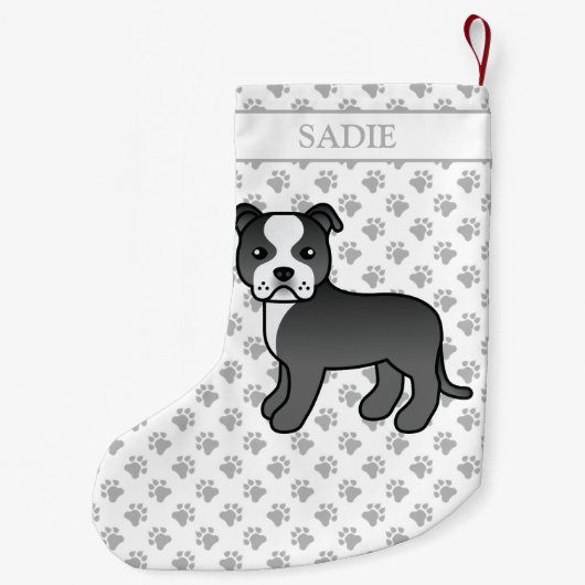 白黒のステフィーかわいい漫画の犬と名前 スモールクリスマスストッキング (裏面)