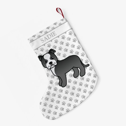 白黒のステフィーかわいい漫画の犬と名前 スモールクリスマスストッキング (裏面 (吊り時))