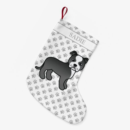 白黒のステフィーかわいい漫画の犬と名前 スモールクリスマスストッキング (正面 (吊り時))