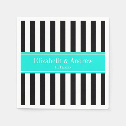 白黒のストライプで明るい水のリボンの名前のモノグラム スタンダードカクテルナプキン (正面)