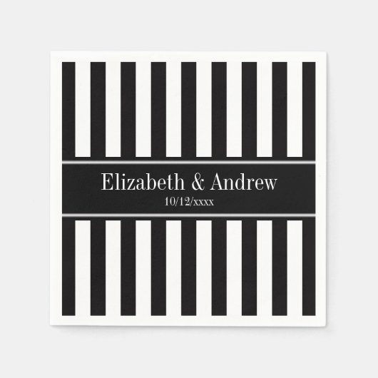 白黒のストライプで黒い一流のモノグラム スタンダードカクテルナプキン (正面)
