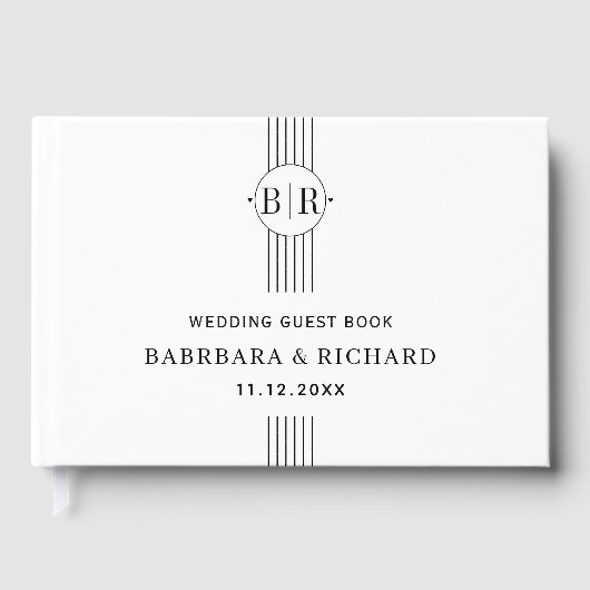 白黒のストライプとモノグラ結婚ム ゲストブック (正面)