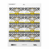 白黒のストライプなダマスク織の黄色のパーティーのワインのラベル ラベル (フルシート)