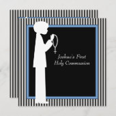 白黒のストライプな数珠の男の子の最初聖餐 招待状 (正面/裏面)