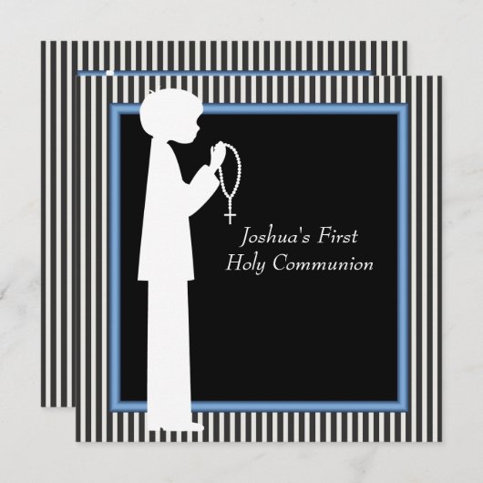 白黒のストライプな数珠の男の子の最初聖餐 招待状 (正面/裏面)
