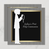 白黒のストライプな数珠の男の子の最初聖餐 招待状 (正面/裏面)