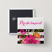 白黒のストライプのな花の新婦付添人|の明るい赤紫色 缶バッジ (正面&裏面)