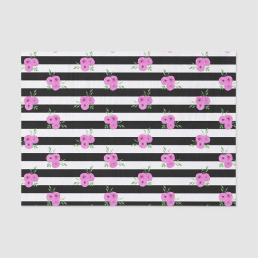白黒のストライプのピンクのRanunculusの花柄パターン 薄葉紙 (正面)
