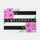 白黒のストライプのピンクのRanunculusの花柄 ドアマット (正面)