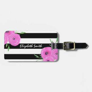白黒のストライプのピンクのRanunculusの花柄 ラゲッジタグ