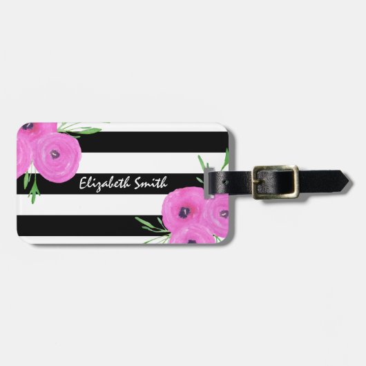 白黒のストライプのピンクのRanunculusの花柄 ラゲッジタグ (正面横)