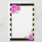 白黒のストライプのピンクのRanunculusの花柄 便箋 (正面/裏面)