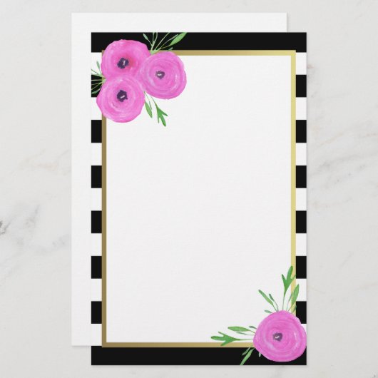 白黒のストライプのピンクのRanunculusの花柄 便箋 (正面/裏面)