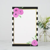 白黒のストライプのピンクのRanunculusの花柄 便箋 (スタンド正面)