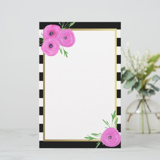 白黒のストライプのピンクのRanunculusの花柄 便箋 (スタンド正面)