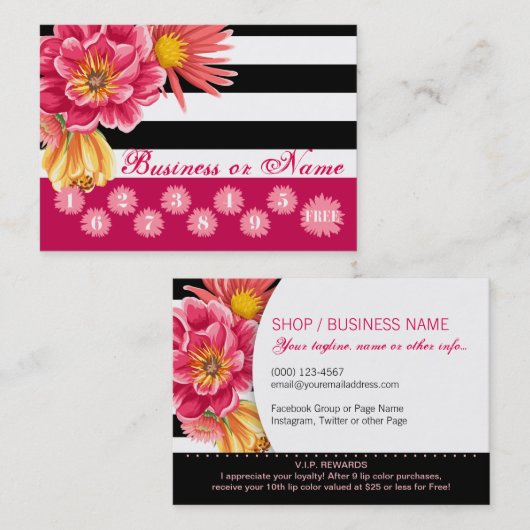 白黒のストライプのロイヤリティの報酬のピンクの花 ロイヤリティカード (正面/裏面)