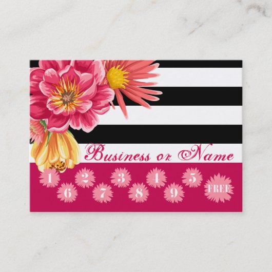 白黒のストライプのロイヤリティの報酬のピンクの花 ロイヤリティカード (正面)