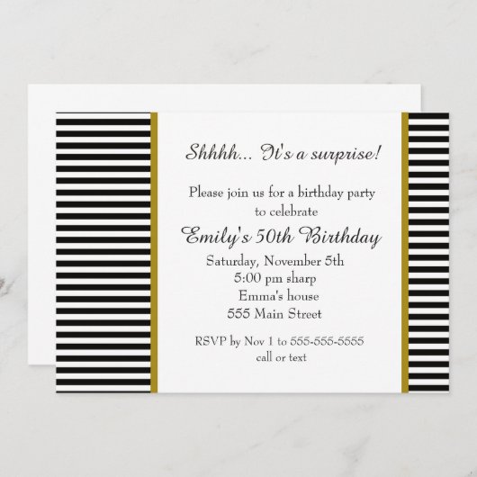 白黒のストライプの大人の誕生日の招待状 招待状 (正面/裏面)