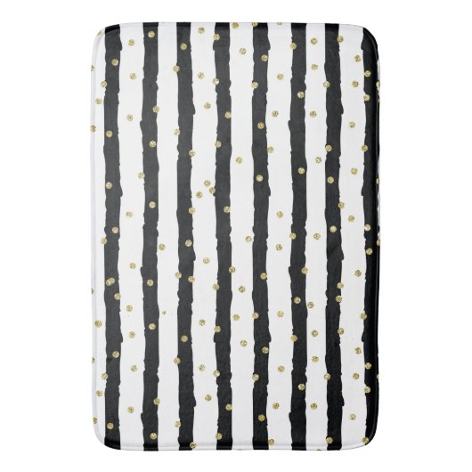 白黒のストライプの金ゴールドのきらめく紙吹雪 バスマット (正面縦)