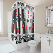 白黒のストライプハート、バルーン、引用文 シャワーカーテン (インサイチュ)