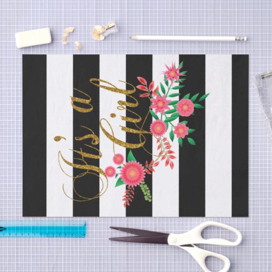 白黒のストライプフローラ |ベビーガール 薄葉紙 (クラフト)