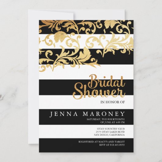 白黒のストライプブライダルシャワー 招待状 (正面)