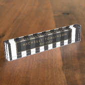 白黒のストライプ机用ネームプレート デスクネームプレート (側面)