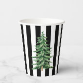 白黒のストライプ水彩色クリスマスツリー 紙コップ (裏面)