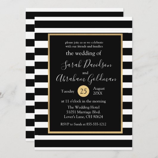 白黒のストライプ結婚式招待状 招待状 (正面/裏面)