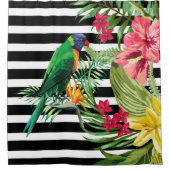 白黒のストライプ花とオウム シャワーカーテン (正面)