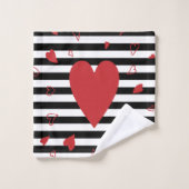 白黒のストライプ赤いハート バスタオルセット (ウォッシュタオル)