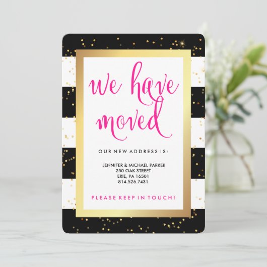 白黒のストライプ金ゴールドと住所の変更 案内状 (スタンド正面)