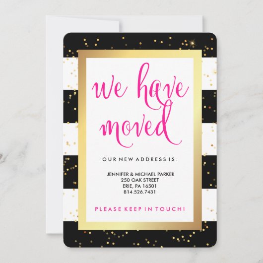 白黒のストライプ金ゴールドと住所の変更 案内状 (正面)