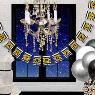 白黒のストライプ金ゴールドのパタ結婚ーン バンティングフラッグ