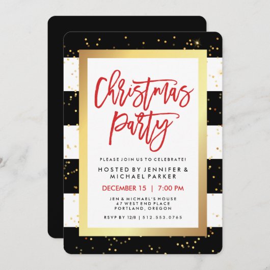白黒のストライプ金ゴールド | クリスマスパーティー 招待状 (正面/裏面)