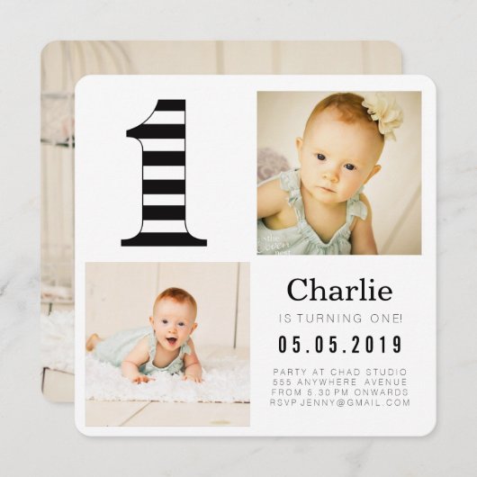 白黒のストライプ1枚目の誕生日 招待状 (正面/裏面)