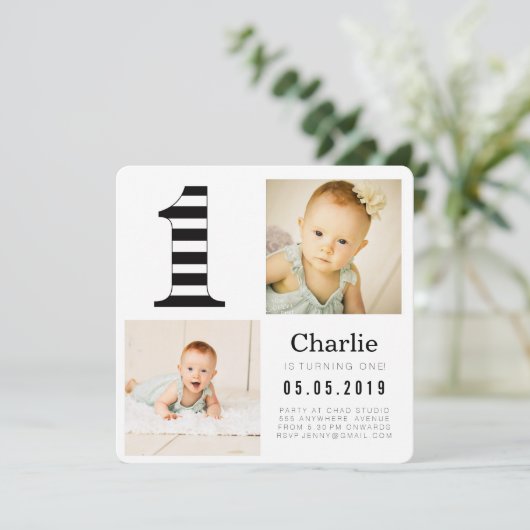 白黒のストライプ1枚目の誕生日 招待状 (スタンド正面)