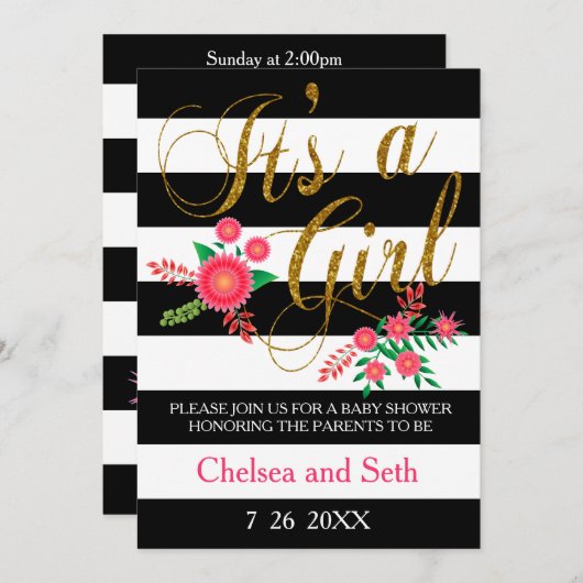 白黒のストライプ |ピンクフローラ |ベビーシャワー 招待状 (正面/裏面)