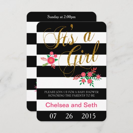 白黒のストライプ|ピンクフローラ|ベビーシャワー 招待状 (正面/裏面)