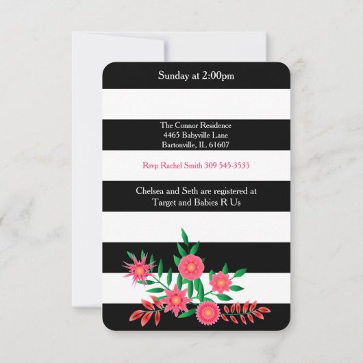 白黒のストライプ|ピンクフローラ|ベビーシャワー 招待状 (裏面)