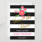 白黒のストライプ | ピンクフローラ | 赤ちゃんシャワー マグネット招待状 (正面)