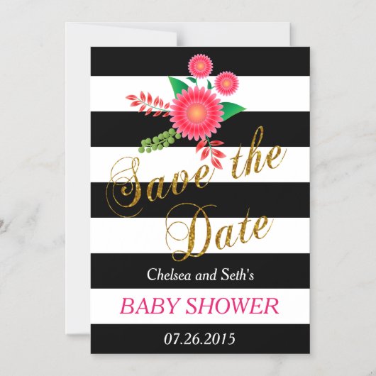 白黒のストライプ | ピンクフローラ | 赤ちゃんシャワー マグネット招待状 (正面)