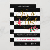 白黒のストライプ | ピンクフローラ | 赤ちゃんシャワー 招待状 (正面/裏面)