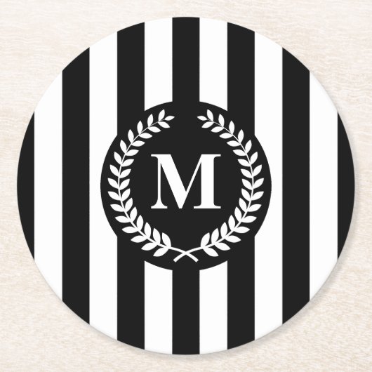 白黒のストライプ ラウンドペーパーコースター (正面)