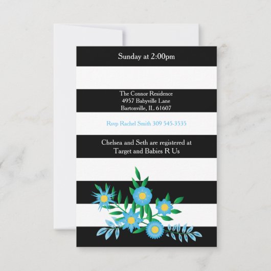 白黒のストライプ|青のフローラ|ベビーシャワー 招待状